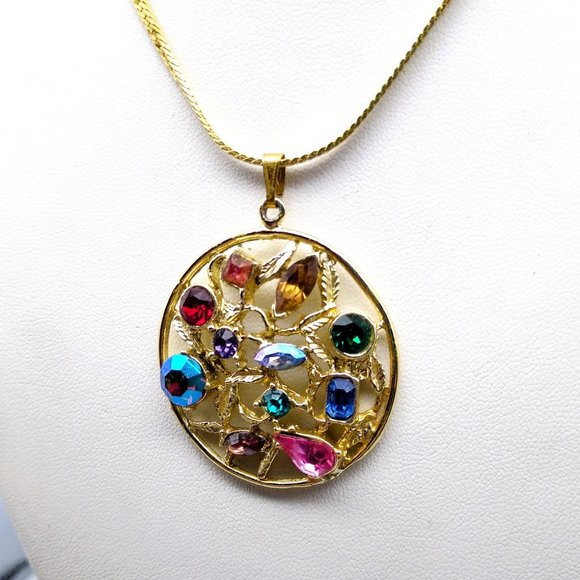 Glitz and Glam Medallion Pendant Necklace on Gold Tone Herringbone Chain - Picture 4 of 6